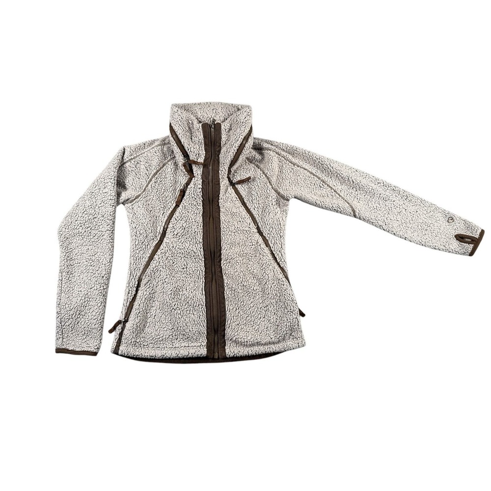 Kuhl Jacket Women Small Flight Sherpa Fleece Beige Fleece Hooded Full Zip Logo